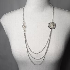 Multi-layer Silver Chain Necklace w/ Faux Pearl and Floral Details